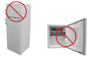 A photo depicting two white, household-style fridges—one small and one large. both with a large red "no" sign on top of them.